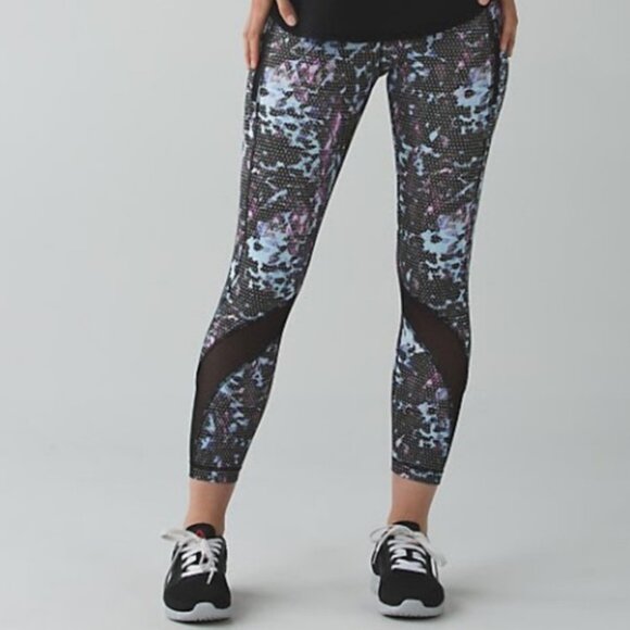 Rare Lululemon Run Inspire Tights Floral Sport Print Leggings‎ Size 8 Yoga Pants - Picture 1 of 9